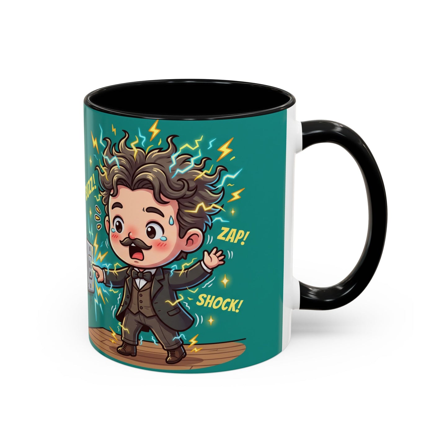 Nikola Tesla Cartoon 'Zap! Shock! Buzz!' Accent Coffee Mug (11/15oz)