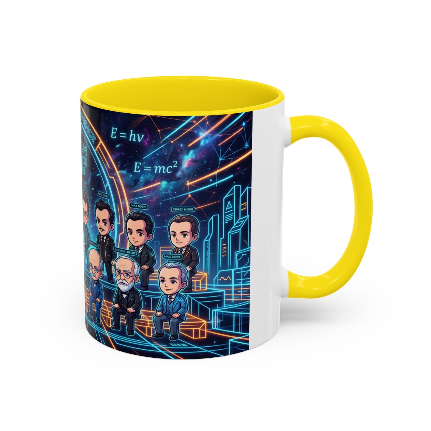 Quantum Mechanics Team Accent Coffee Mug — Cute Scientist Cartoon Design (11/15oz)