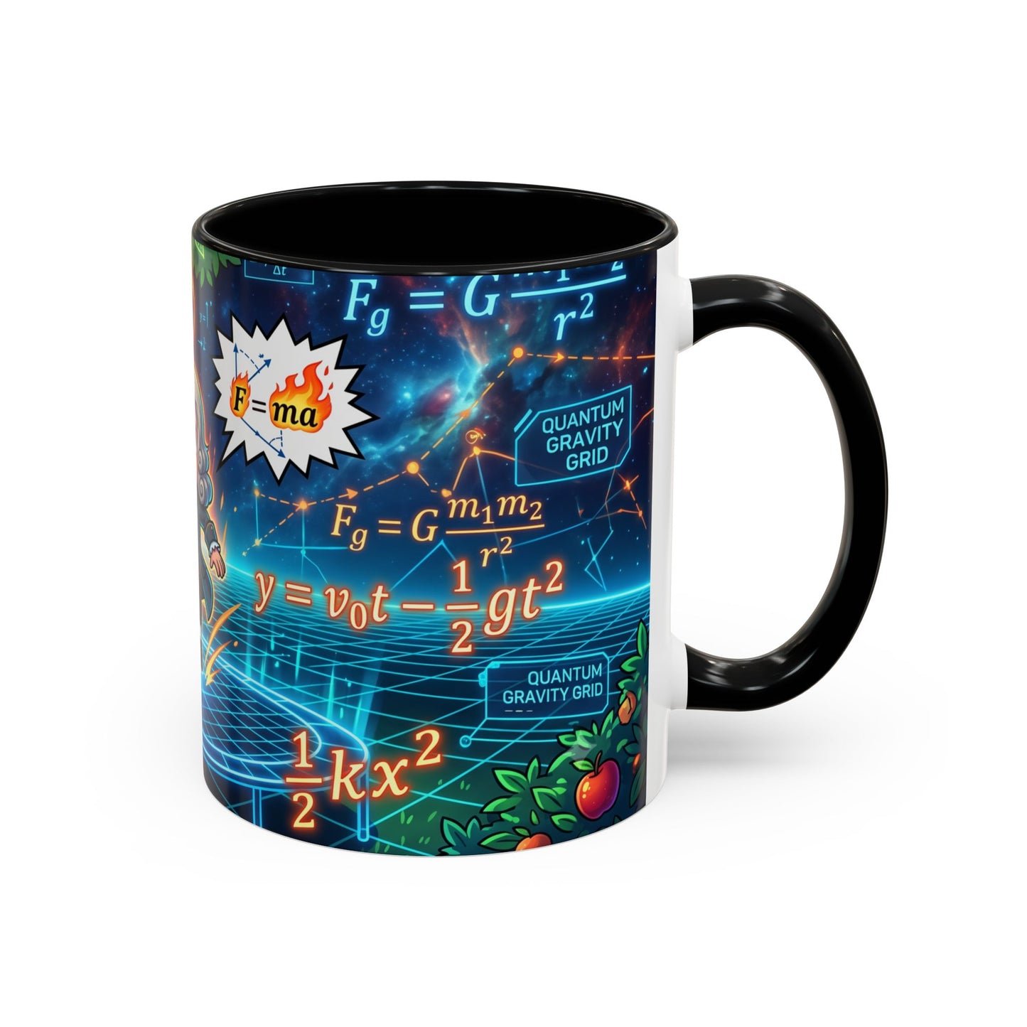 Isaac Newton Cartoon Coffee Mug — Physics Equations & Apple Science Design