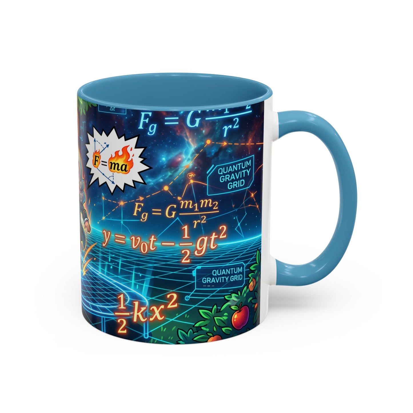 Isaac Newton Cartoon Coffee Mug — Physics Equations & Apple Science Design
