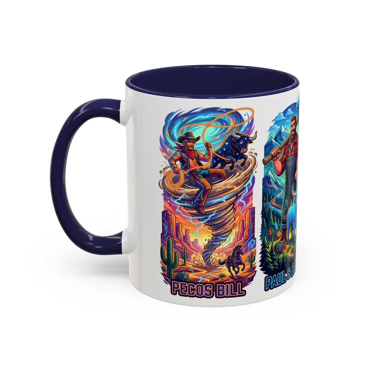Lumberjack Legends Accent Coffee Mug — Illustrated Paul & Babe, John Henry, Abe Lincoln Designs (11/15oz)