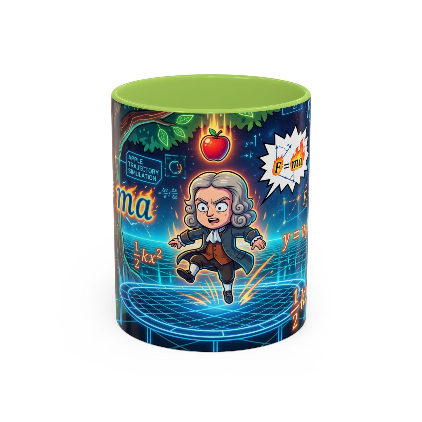Isaac Newton Cartoon Coffee Mug — Physics Equations & Apple Science Design