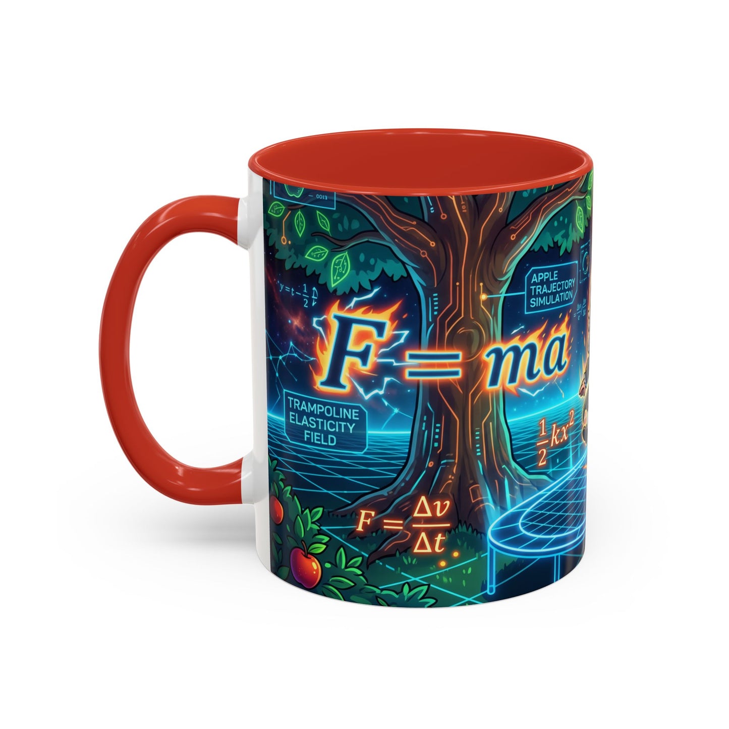 Isaac Newton Cartoon Coffee Mug — Physics Equations & Apple Science Design