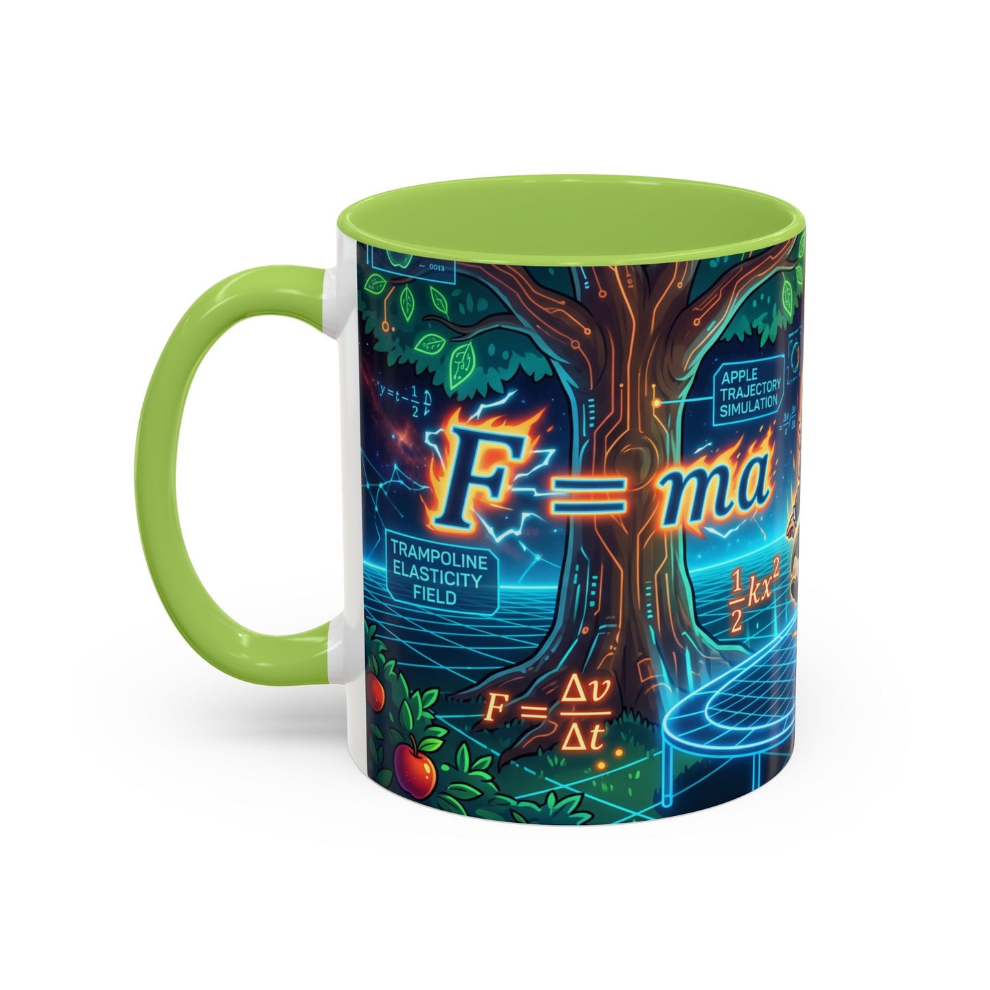 Isaac Newton Cartoon Coffee Mug — Physics Equations & Apple Science Design