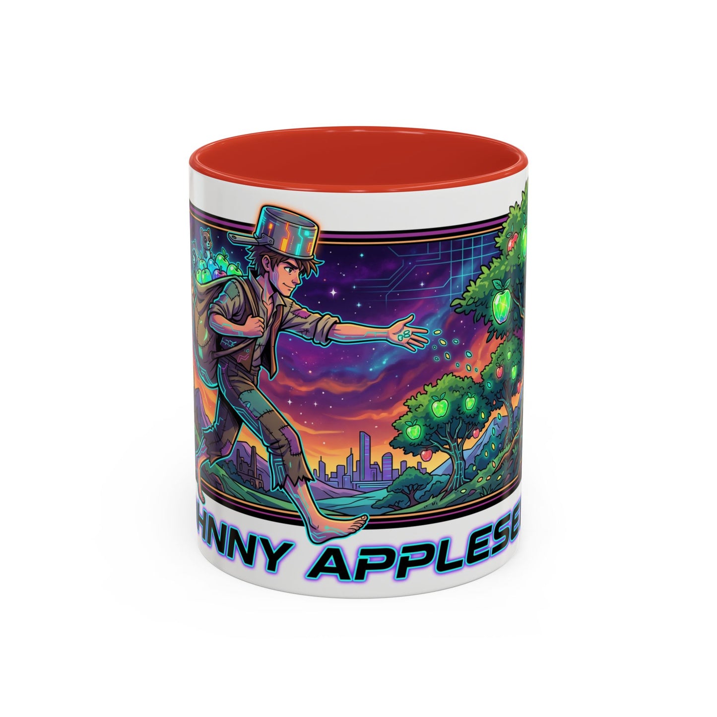 Johnny Appleseed Accent Coffee Mug — Colorful Retro Nature Art (11/15oz)