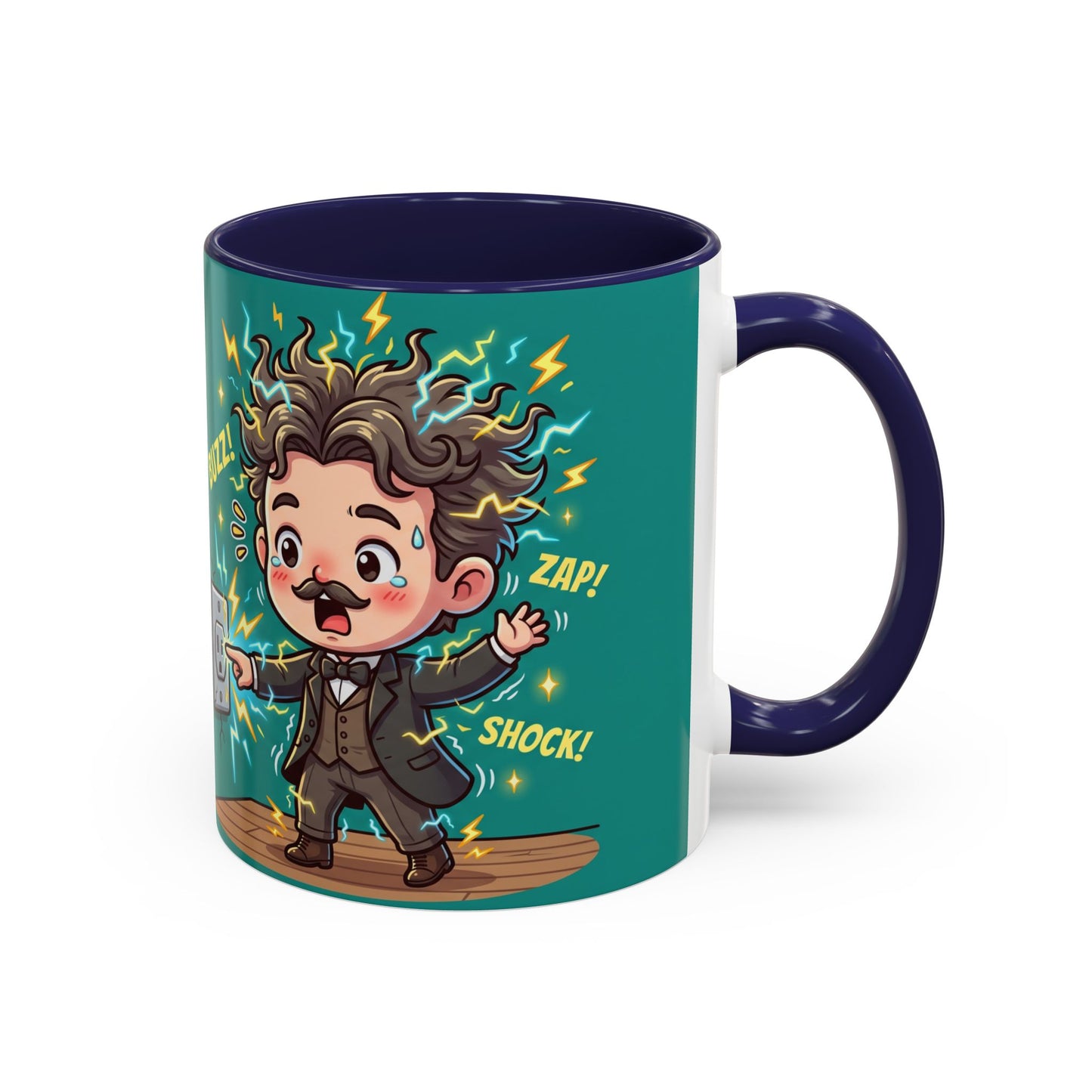 Nikola Tesla Cartoon 'Zap! Shock! Buzz!' Accent Coffee Mug (11/15oz)